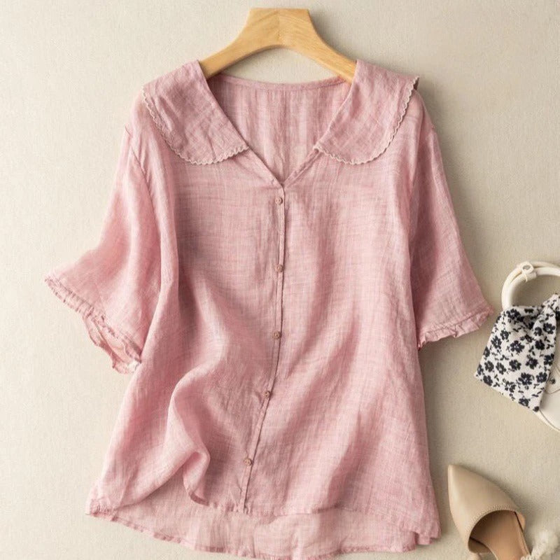 Linnen Peter Pan Kraag Puff Mouw Knop-down Casual Blouse