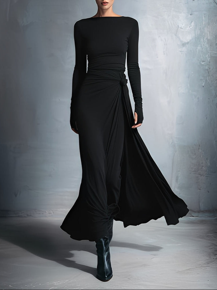 Marijn™ | Minimalistische Maxi Jurk met Knoopdetail – Vloeiende Elegantie & Moderne Rust