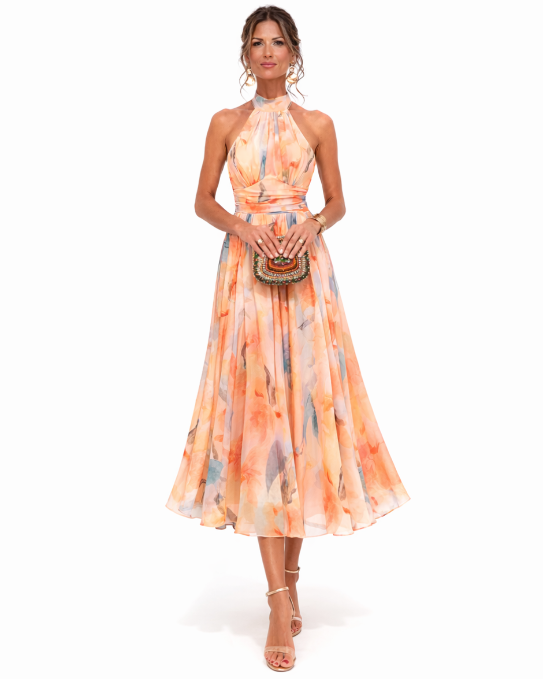 Nore™ | Aquarel Halterjurk – Artistieke Elegantie & Flatterende Pasvorm