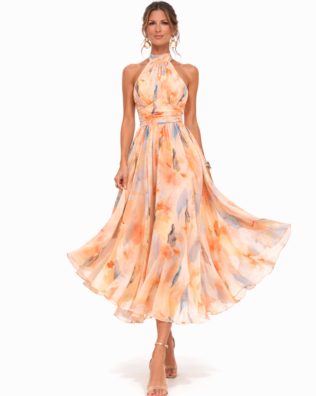 Nore™ | Aquarel Halterjurk – Artistieke Elegantie & Flatterende Pasvorm