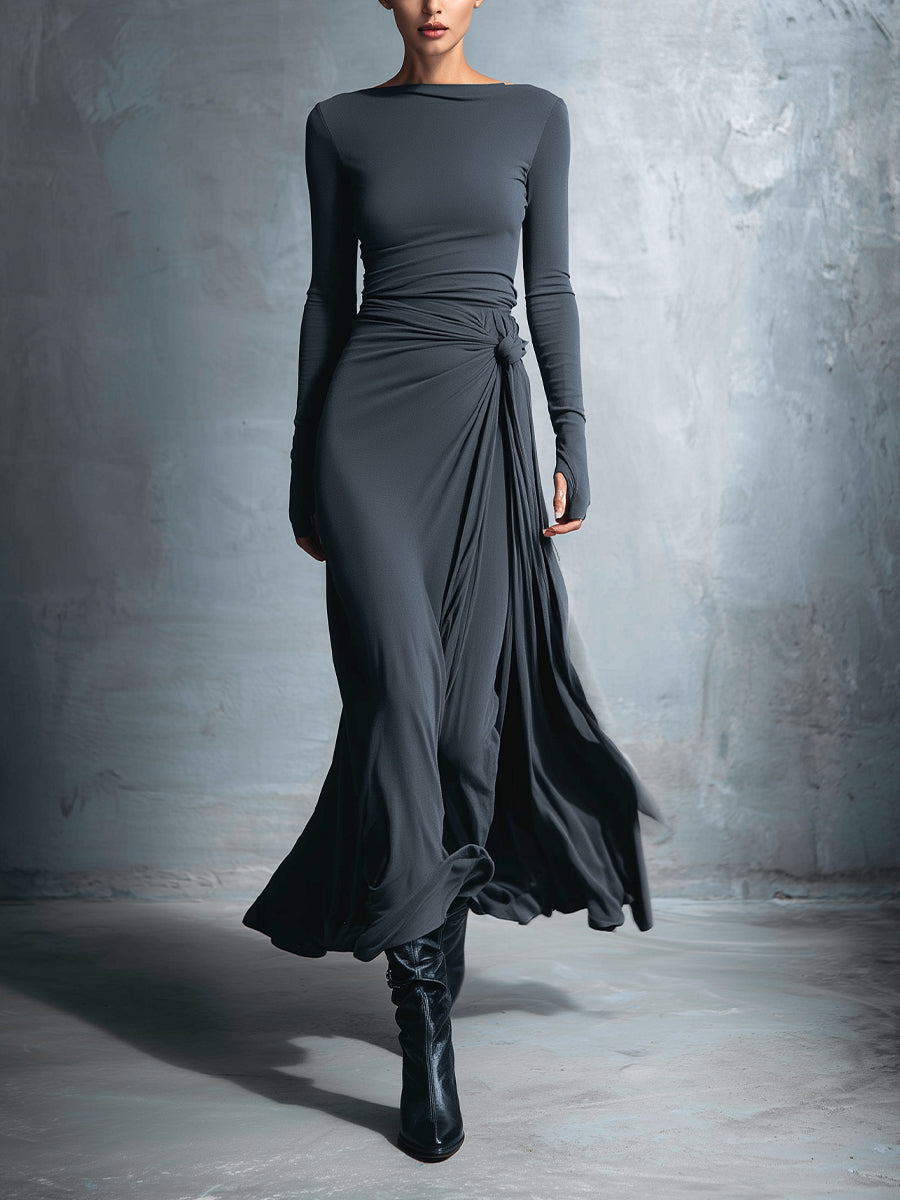 Marijn™ | Minimalistische Maxi Jurk met Knoopdetail – Vloeiende Elegantie & Moderne Rust