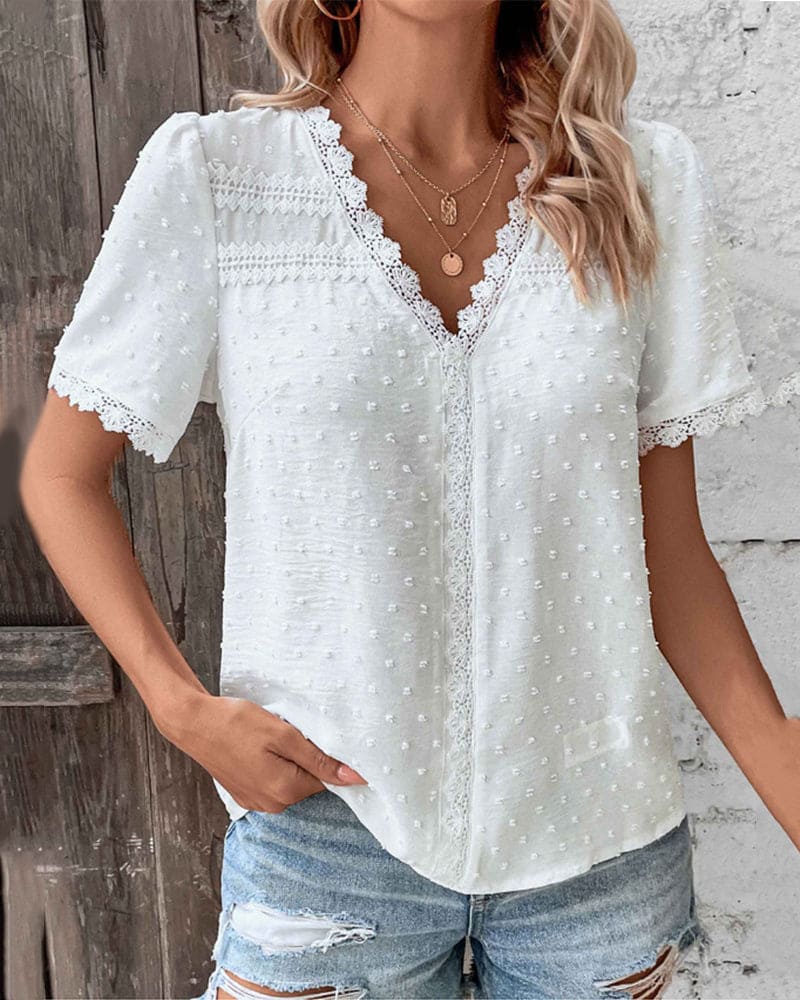 Zwitserse Dotted Kant Trim V-Hals Boho Casual Blouse
