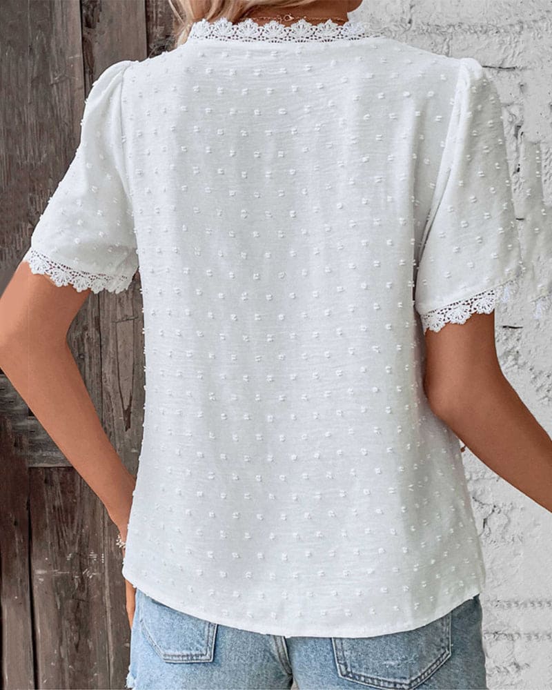 Zwitserse Dotted Kant Trim V-Hals Boho Casual Blouse