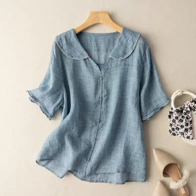 Linnen Peter Pan Kraag Puff Mouw Knop-down Casual Blouse