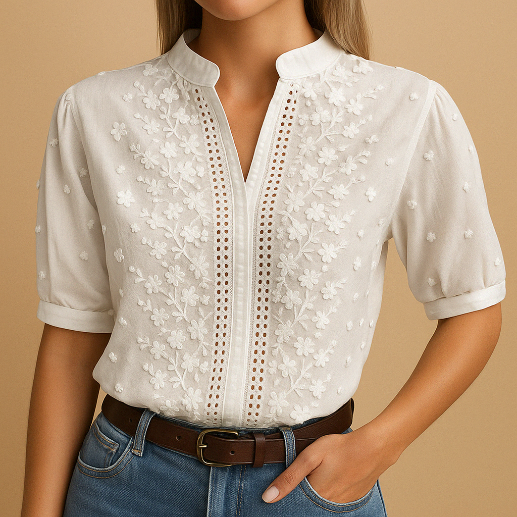 Cato™ | Geborduurde Blouse – Ingetogen Luxe & Soepele Pasvorm