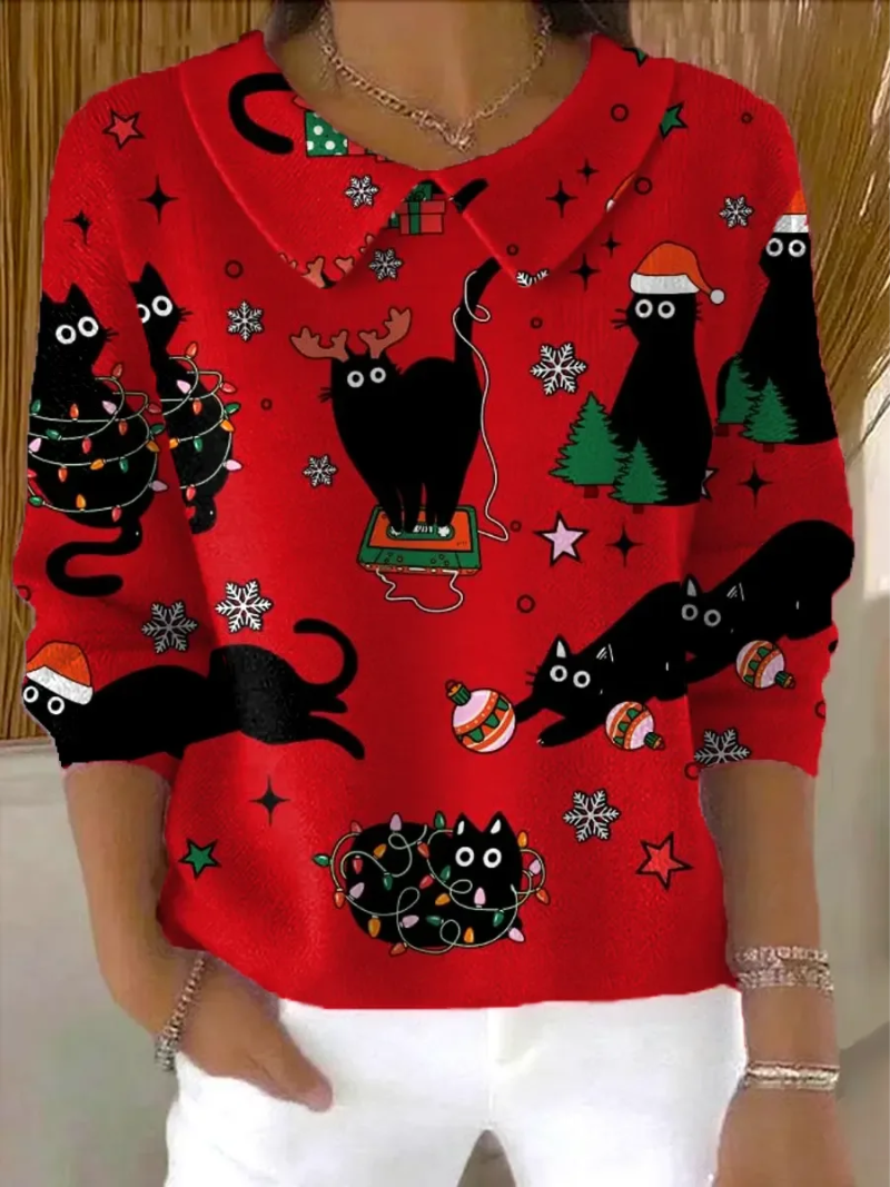 Luna – Gebreide kerstblouse met katten
