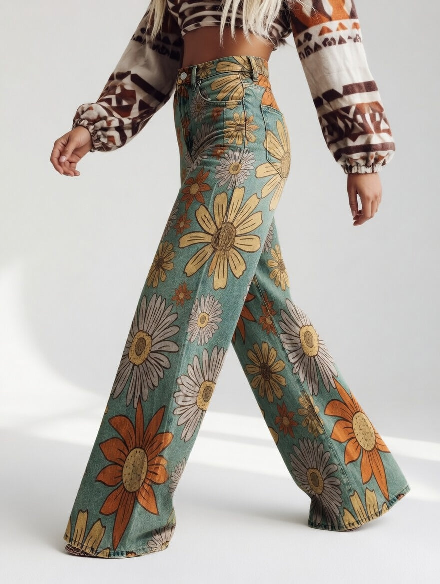Florivane™ — Elegante retro bloemenbroek met wijde pijpen