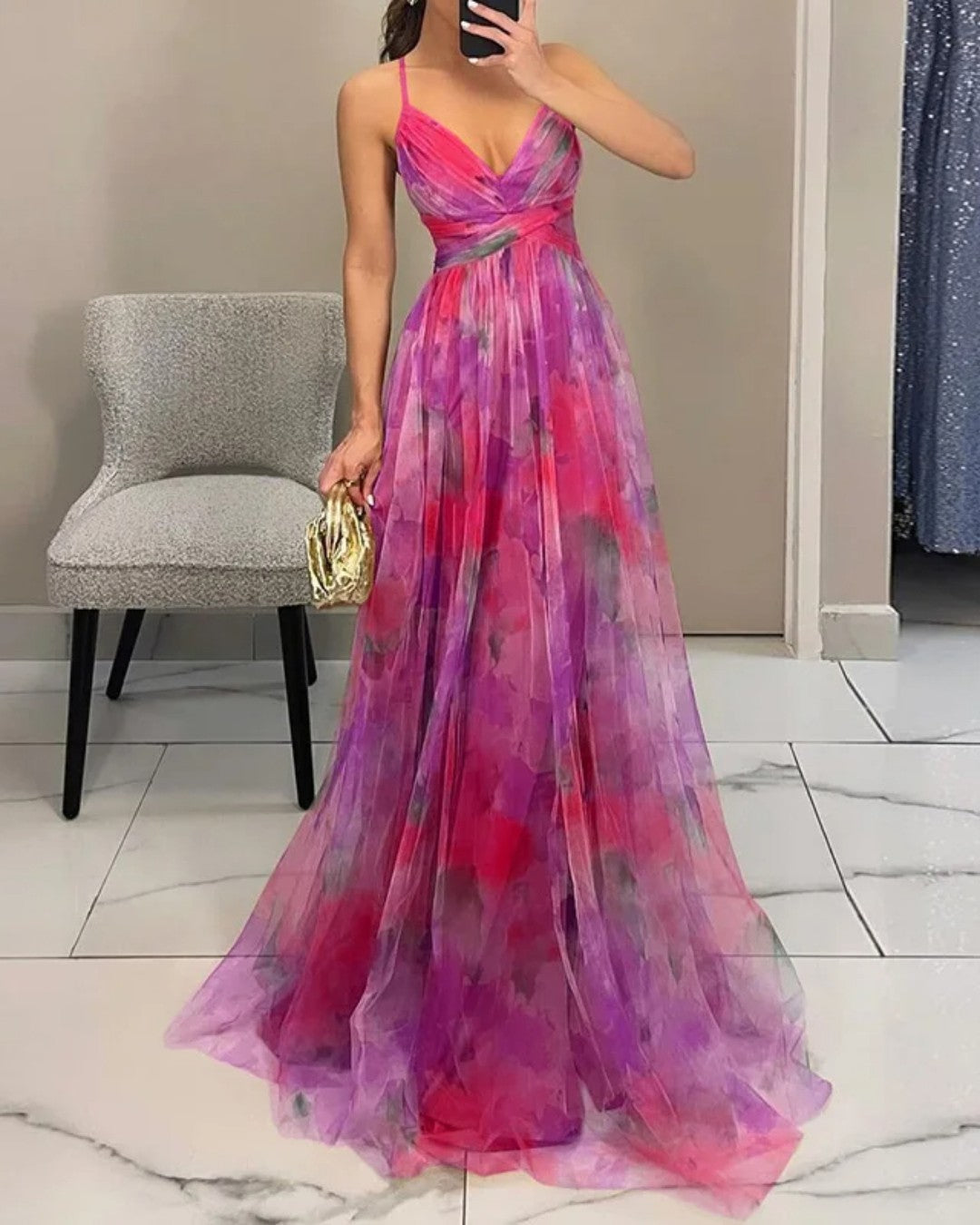 Giselle™ | Luxe maxi-jurk van bloemenchiffon – Sierlijke bewegingen en tijdloze stijl