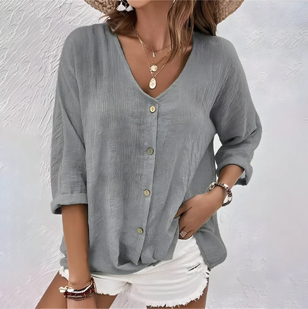 Katoenen Linnen Knopdown V-Hals Rolmouw Casual Blouse