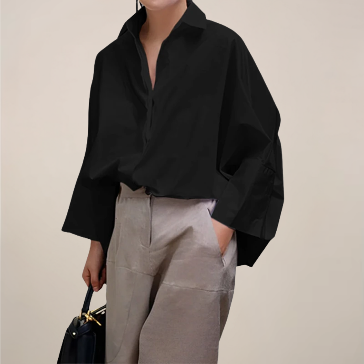 Oversized Boxy Wijd Mouw Open Kraag Katoenen Shirt
