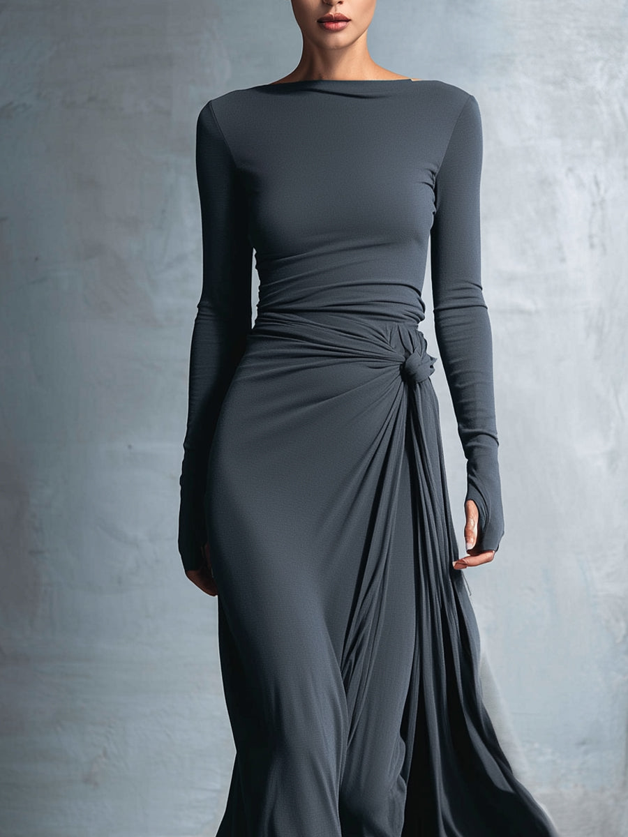 Marijn™ | Minimalistische Maxi Jurk met Knoopdetail – Vloeiende Elegantie & Moderne Rust