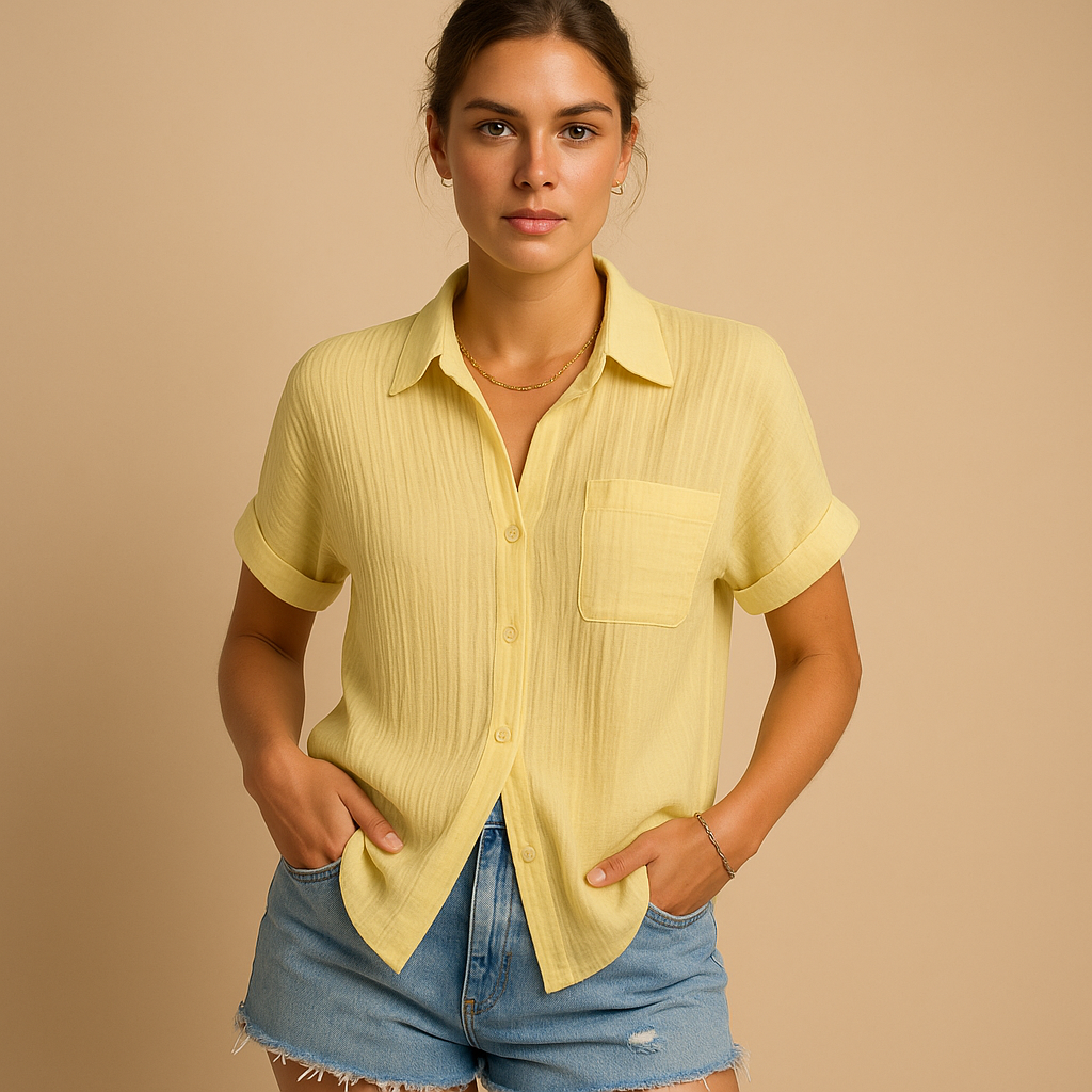 Katoenen Gaze Korte Mouwen Casual Shirt met Borstzak