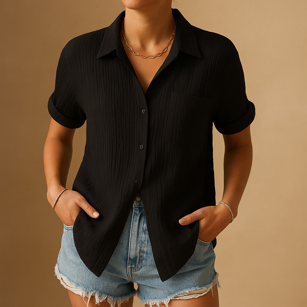 Katoenen Gaze Korte Mouwen Casual Shirt met Borstzak