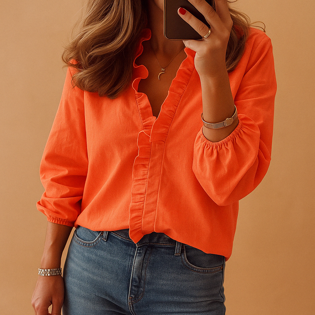 Elegante Rimpel V-Hals Lange Mouwen Blouse