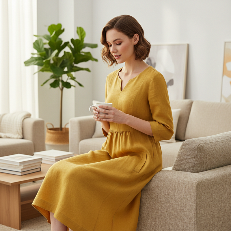 Maud™ | Premium Linnen Midi Jurk – Luchtige Elegantie & Moeiteloos Comfort