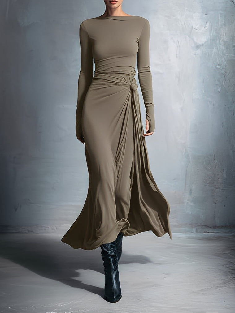 Marijn™ | Minimalistische Maxi Jurk met Knoopdetail – Vloeiende Elegantie & Moderne Rust