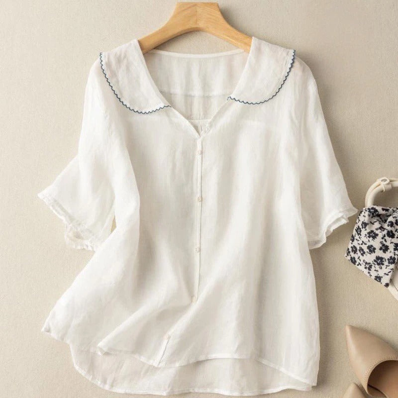 Linnen Peter Pan Kraag Puff Mouw Knop-down Casual Blouse