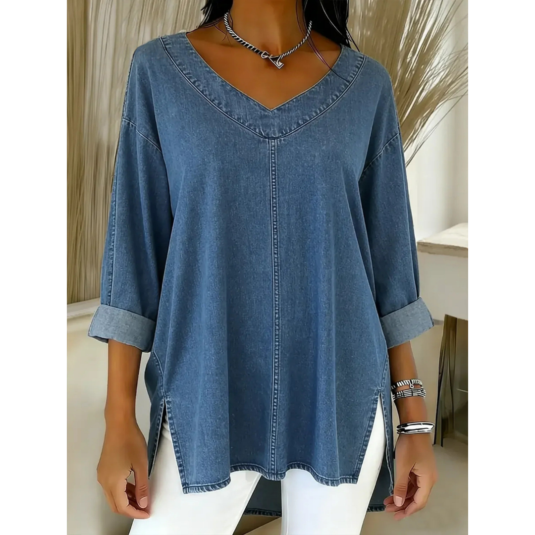 Gemma - Casual Gewassen Denim Katoenen Top