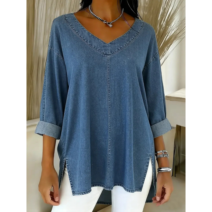 Gemma - Casual Gewassen Denim Katoenen Top
