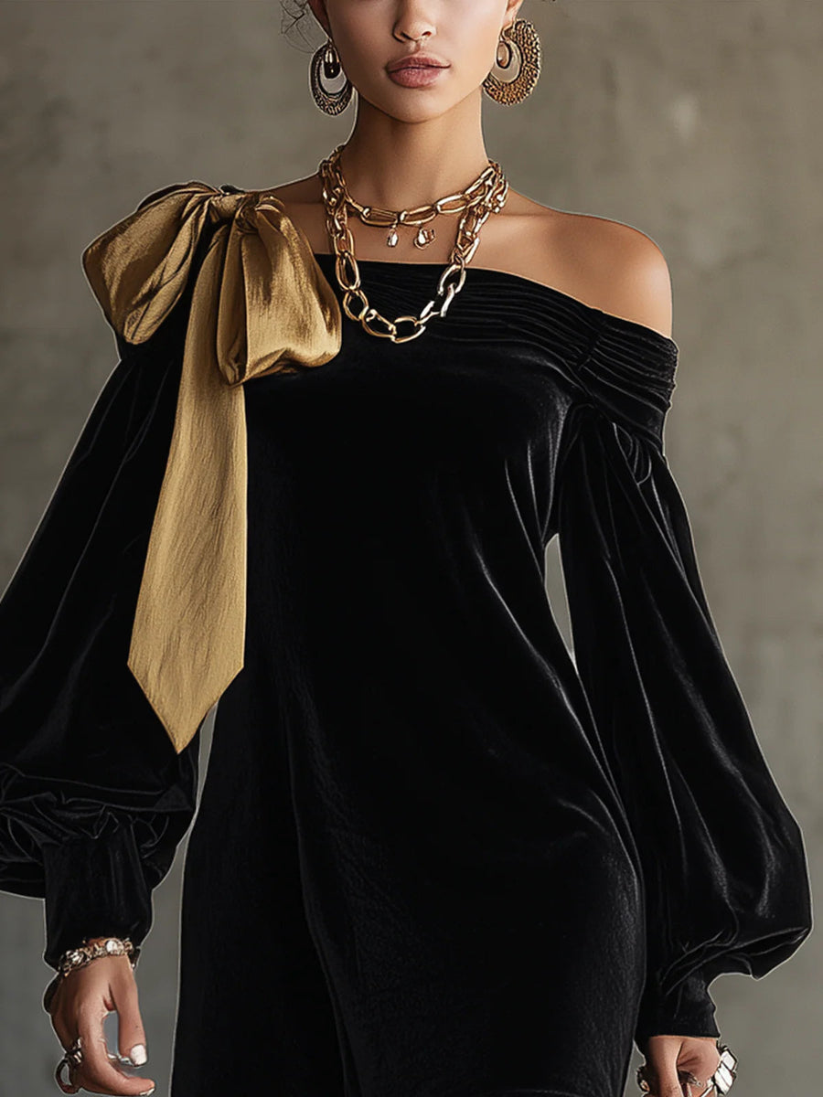Zwarte Fluwelen en Gouden Satijnen Patchwork Off-Shoulder Mini-jurk