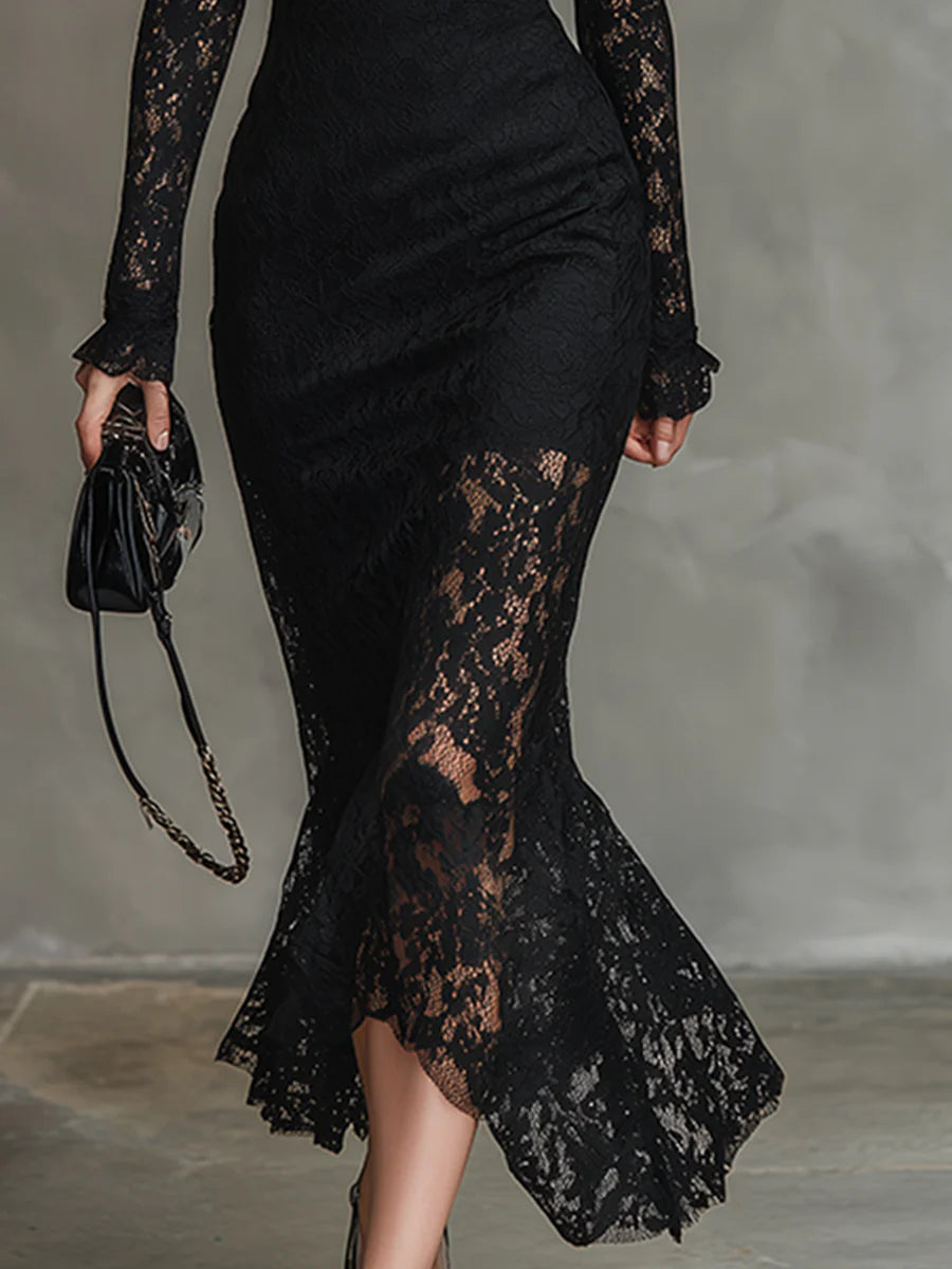 Elegante zwarte stretchkanten fishtail maxi-jurk