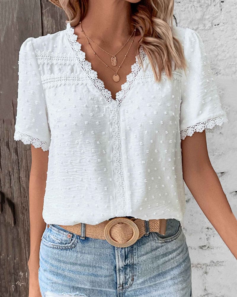 Zwitserse Dotted Kant Trim V-Hals Boho Casual Blouse