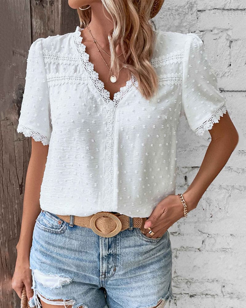 Zwitserse Dotted Kant Trim V-Hals Boho Casual Blouse