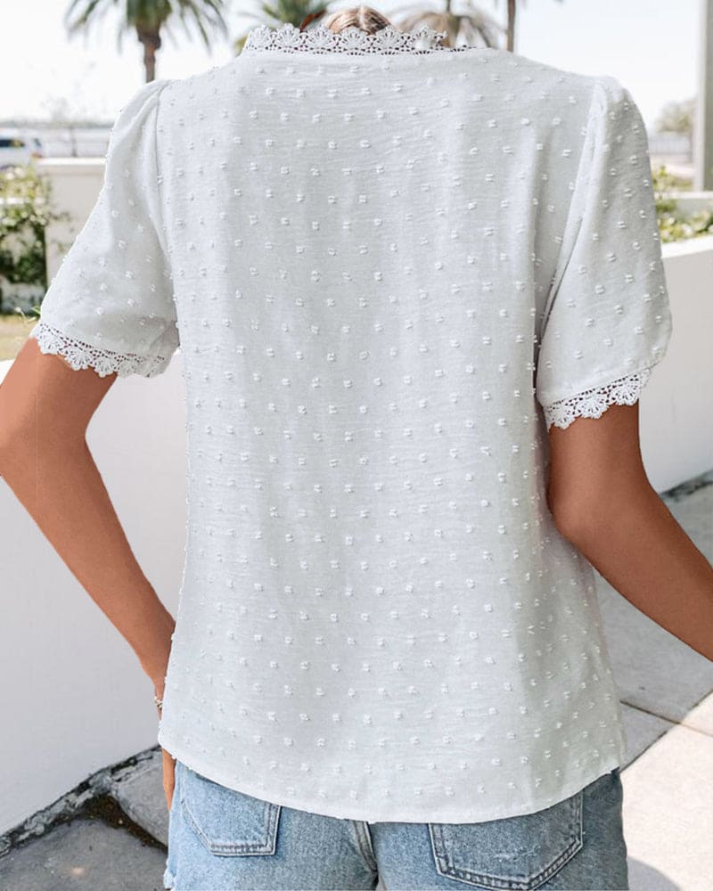Zwitserse Dotted Kant Trim V-Hals Boho Casual Blouse