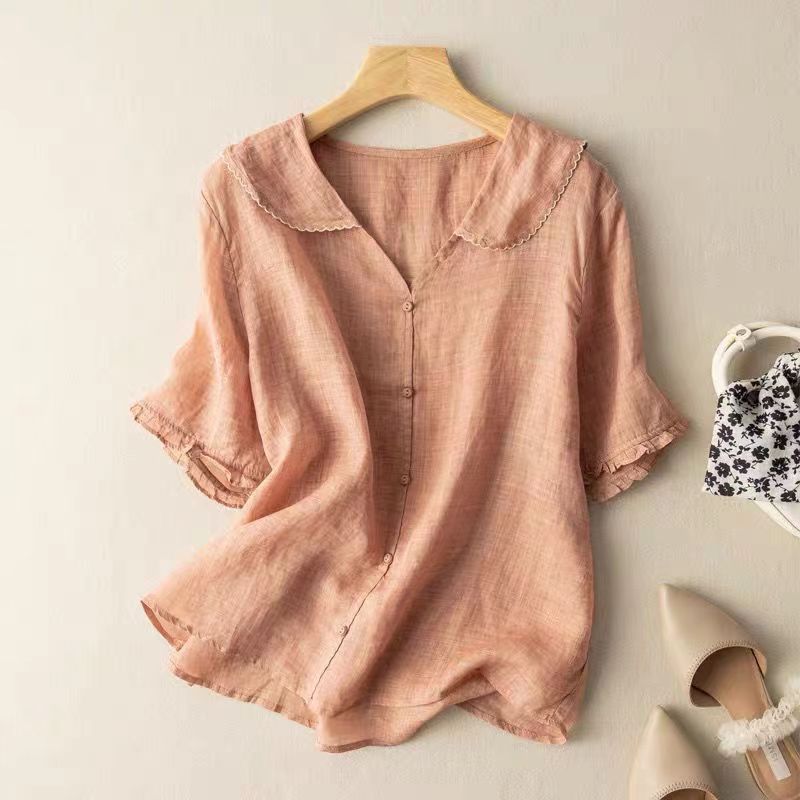 Linnen Peter Pan Kraag Puff Mouw Knop-down Casual Blouse