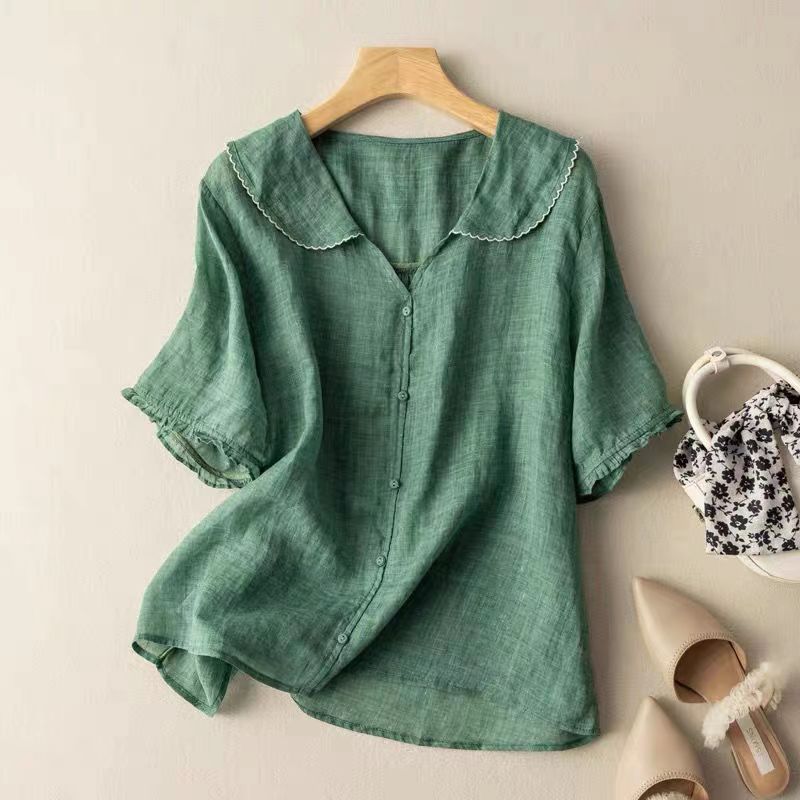 Linnen Peter Pan Kraag Puff Mouw Knop-down Casual Blouse