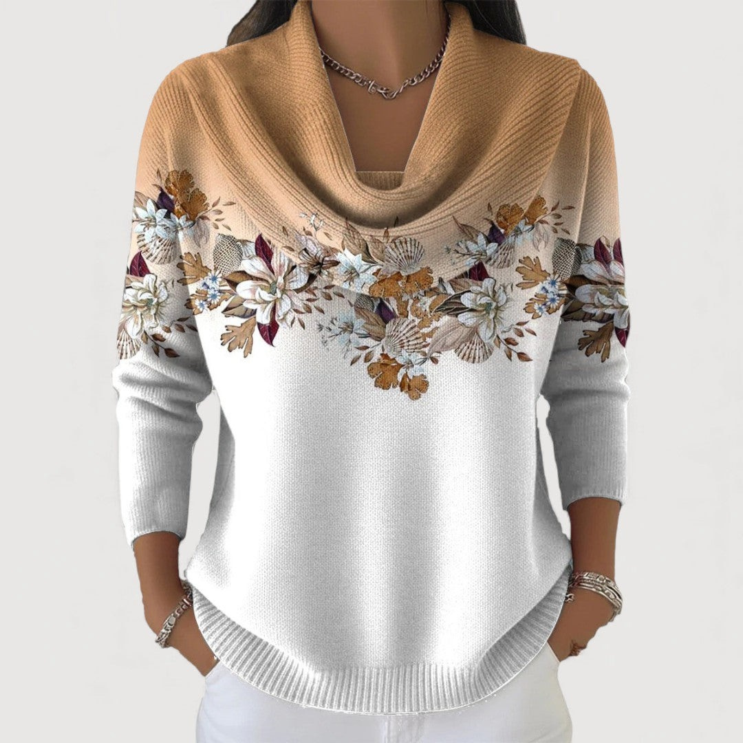 Eline™ | Elegante Gebreide Trui met Gedrapeerde Hals & Florale Verfijning