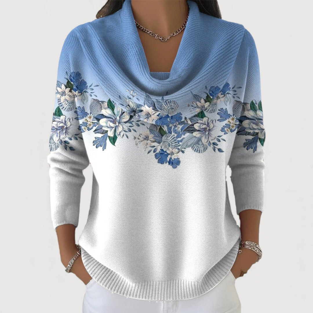 Eline™ | Elegante Gebreide Trui met Gedrapeerde Hals & Florale Verfijning