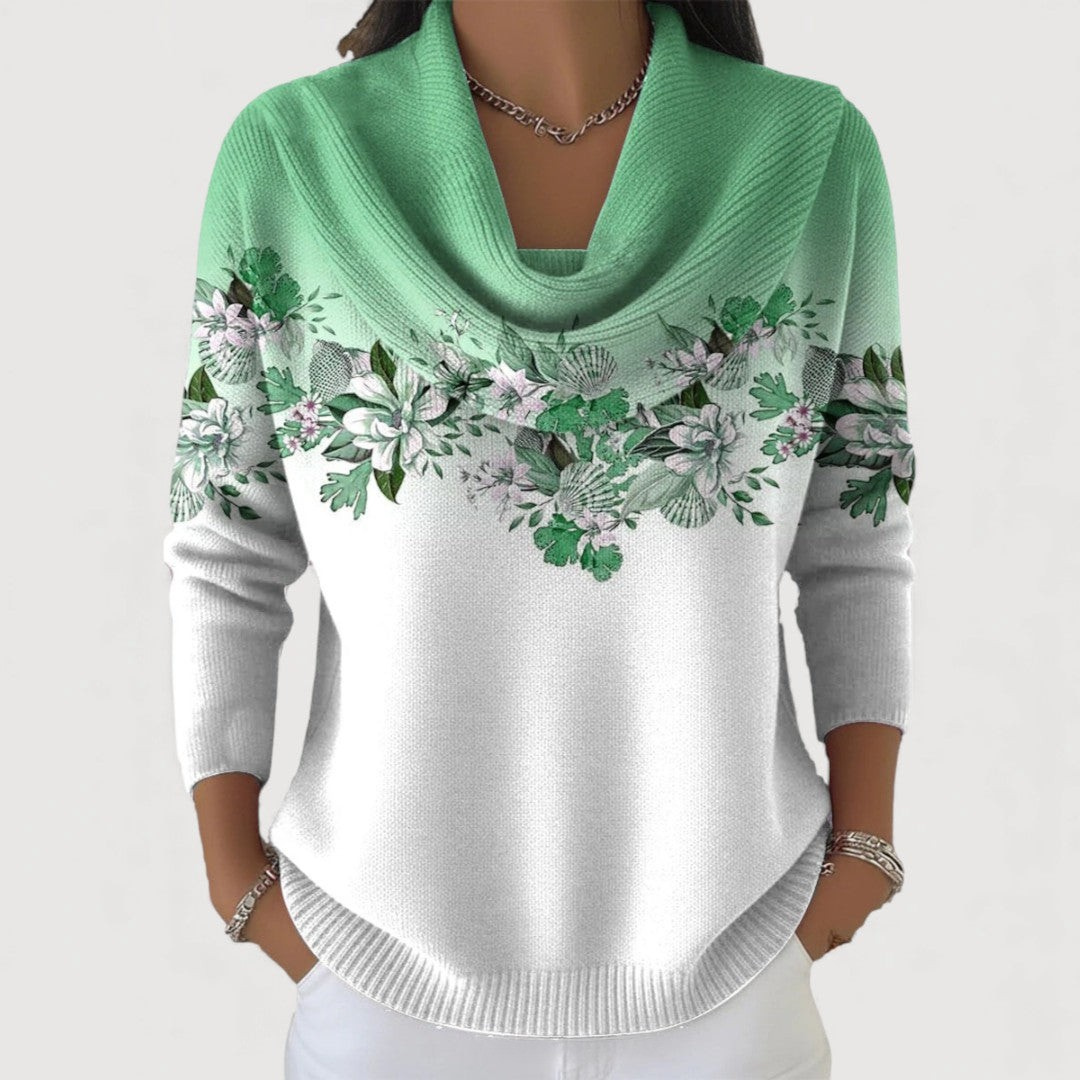 Eline™ | Elegante Gebreide Trui met Gedrapeerde Hals & Florale Verfijning