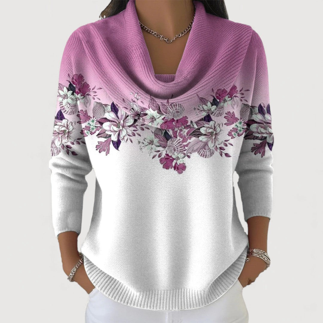 Eline™ | Elegante Gebreide Trui met Gedrapeerde Hals & Florale Verfijning