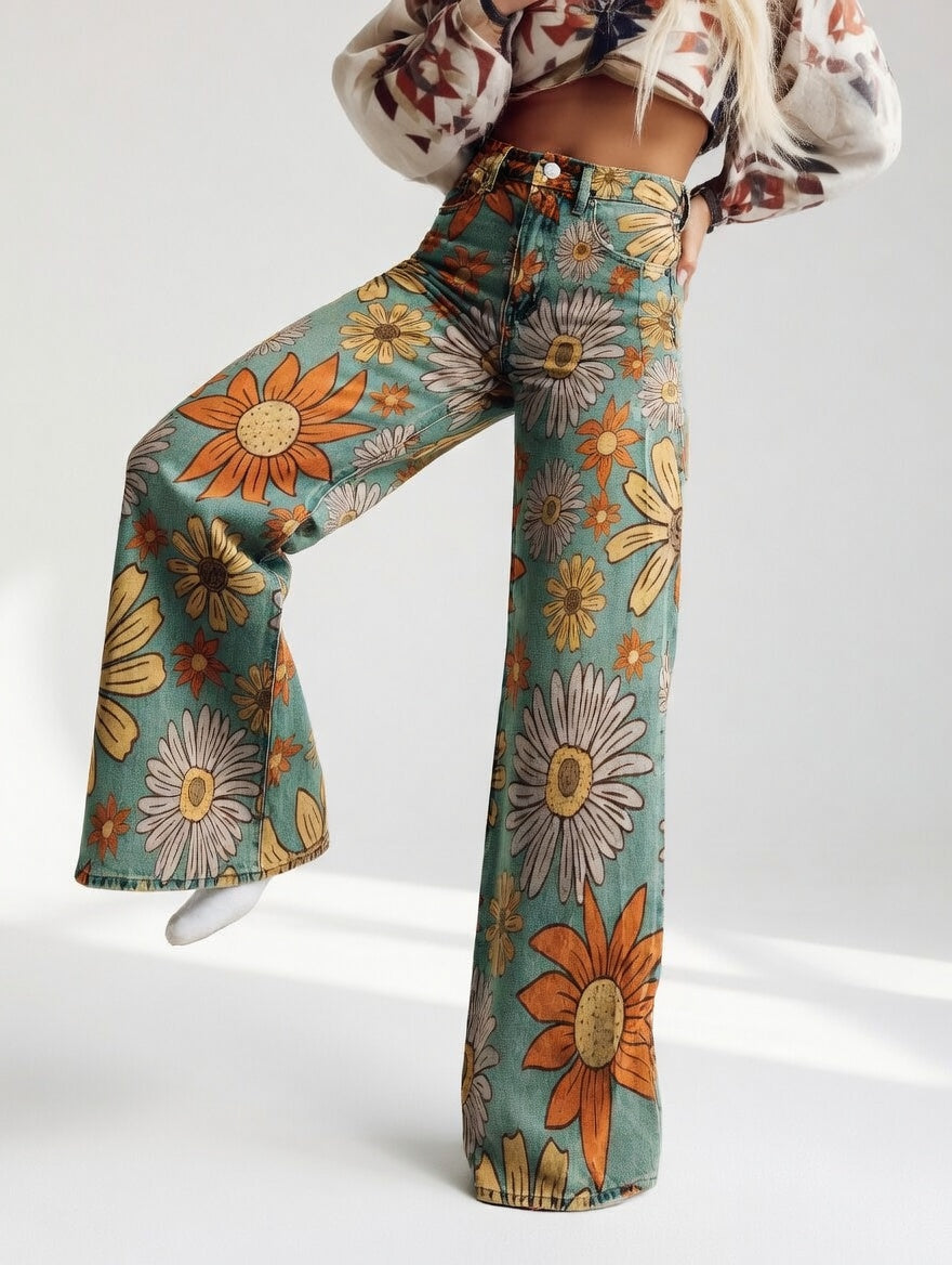Florivane™ — Elegante retro bloemenbroek met wijde pijpen