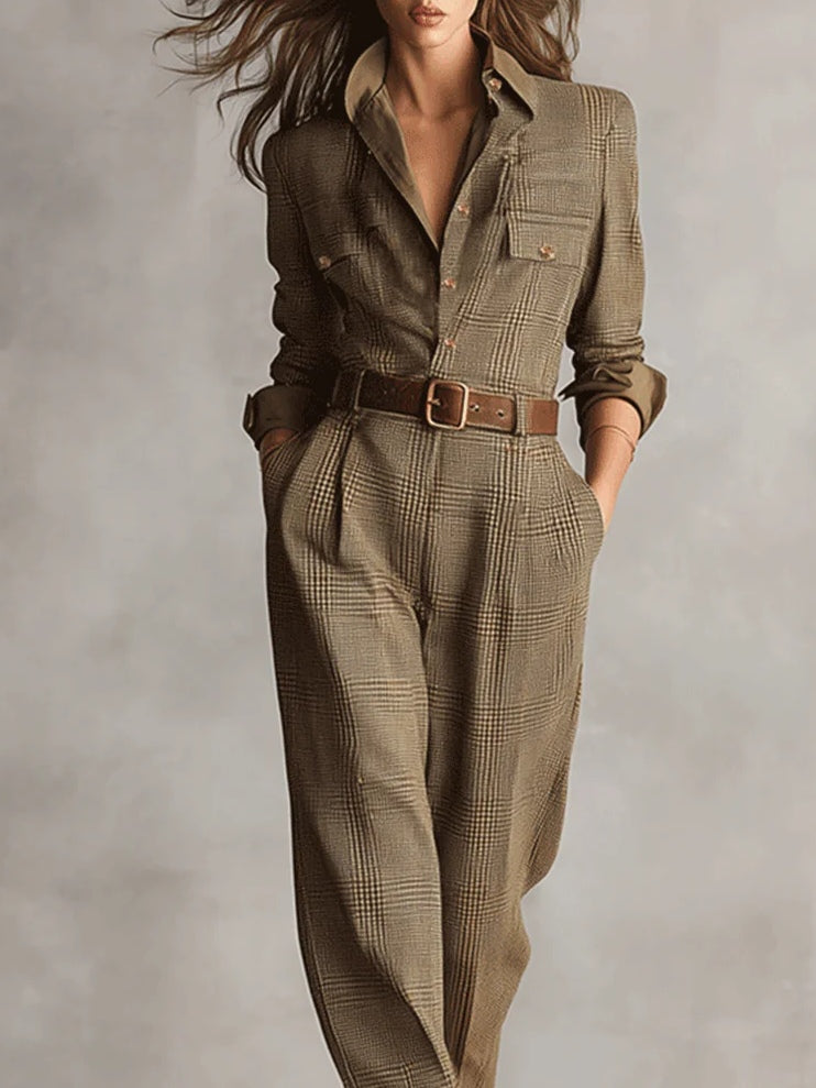Zoë | Verfijnde tweed textuur geruite utility jumpsuit