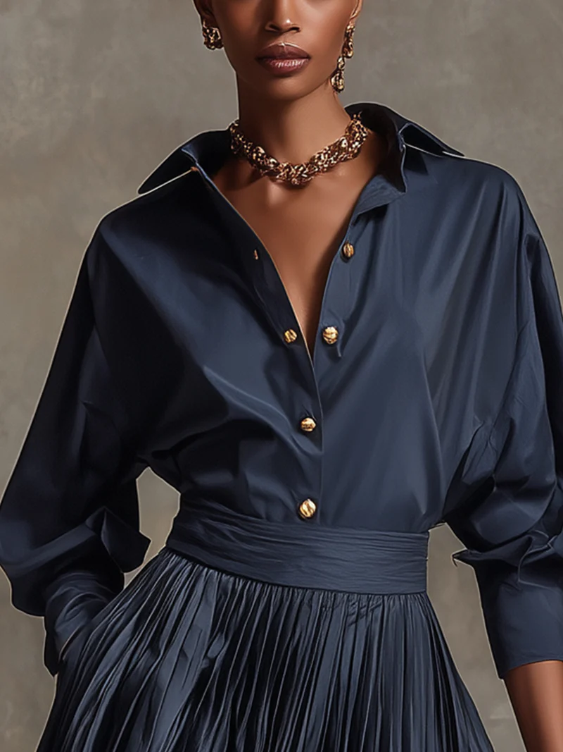 Marineblauwe Shirt en Plissé Rok Twee-Delige Set