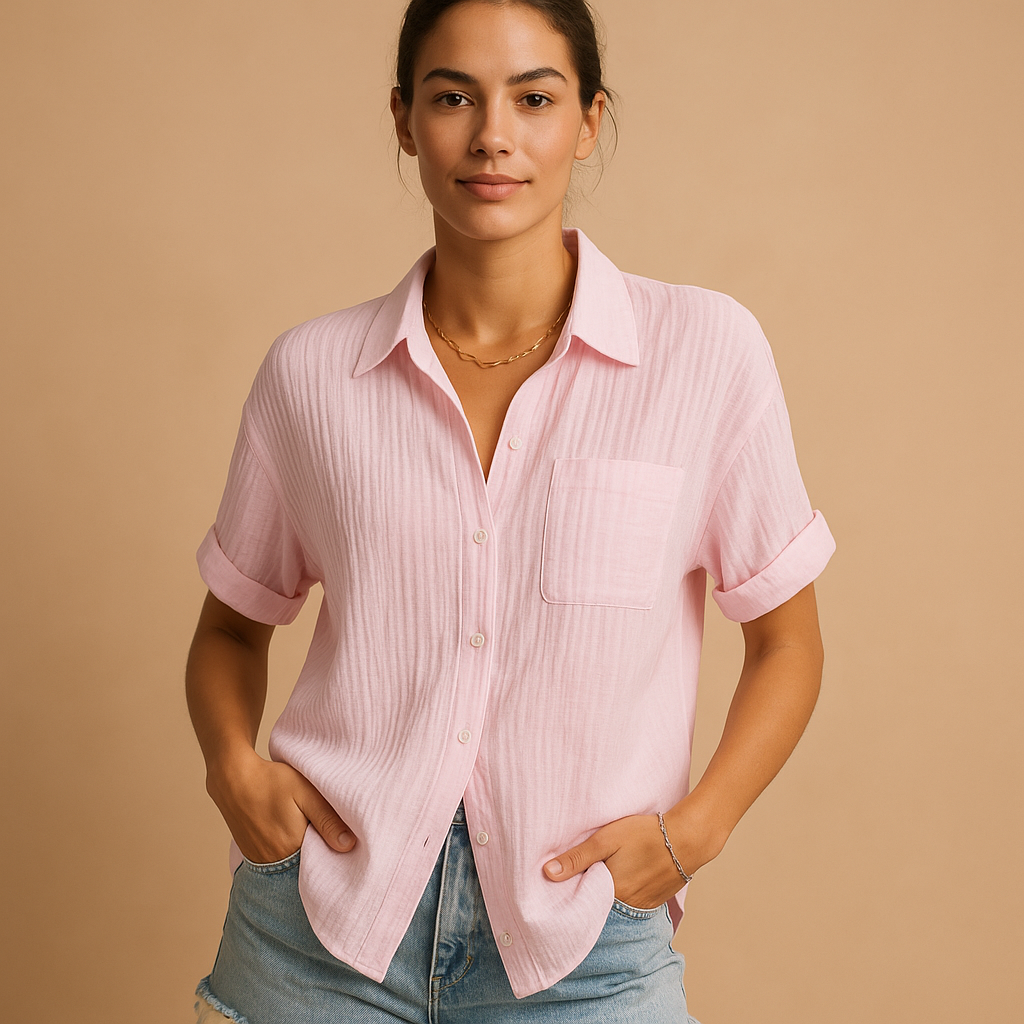 Katoenen Gaze Korte Mouwen Casual Shirt met Borstzak