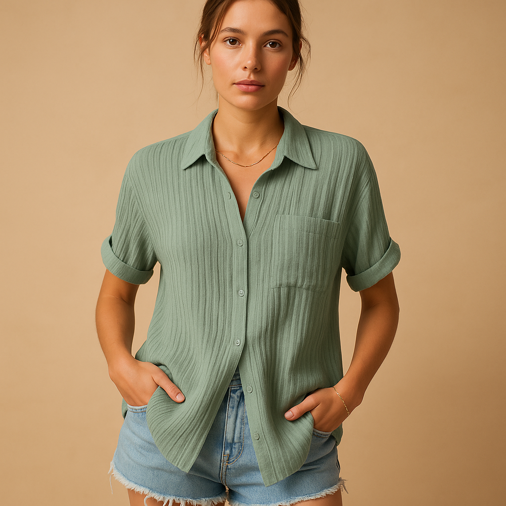 Katoenen Gaze Korte Mouwen Casual Shirt met Borstzak