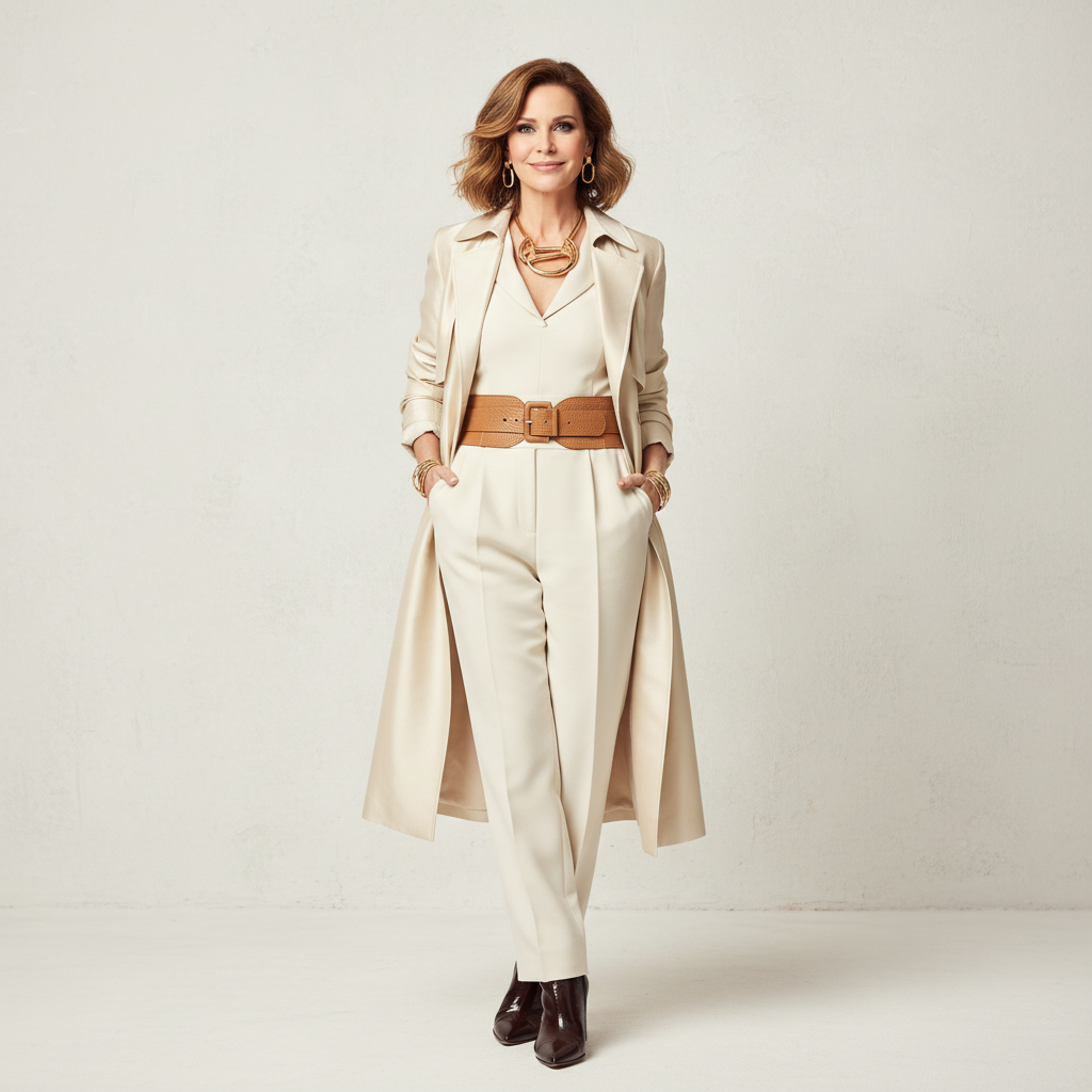 Ik wil een afbeelding genereren voor een Fashion website. Het is voor een oudere publiek dus denk aan een vrouw van ronde 40 jaar. Het moet een gebroken witte achtergrond hebben. De foto moet vierkant zijn en mijn website zelf is wit met zwarte letters dus vandaar dat ik een gebroken wit Achtergrond wil.