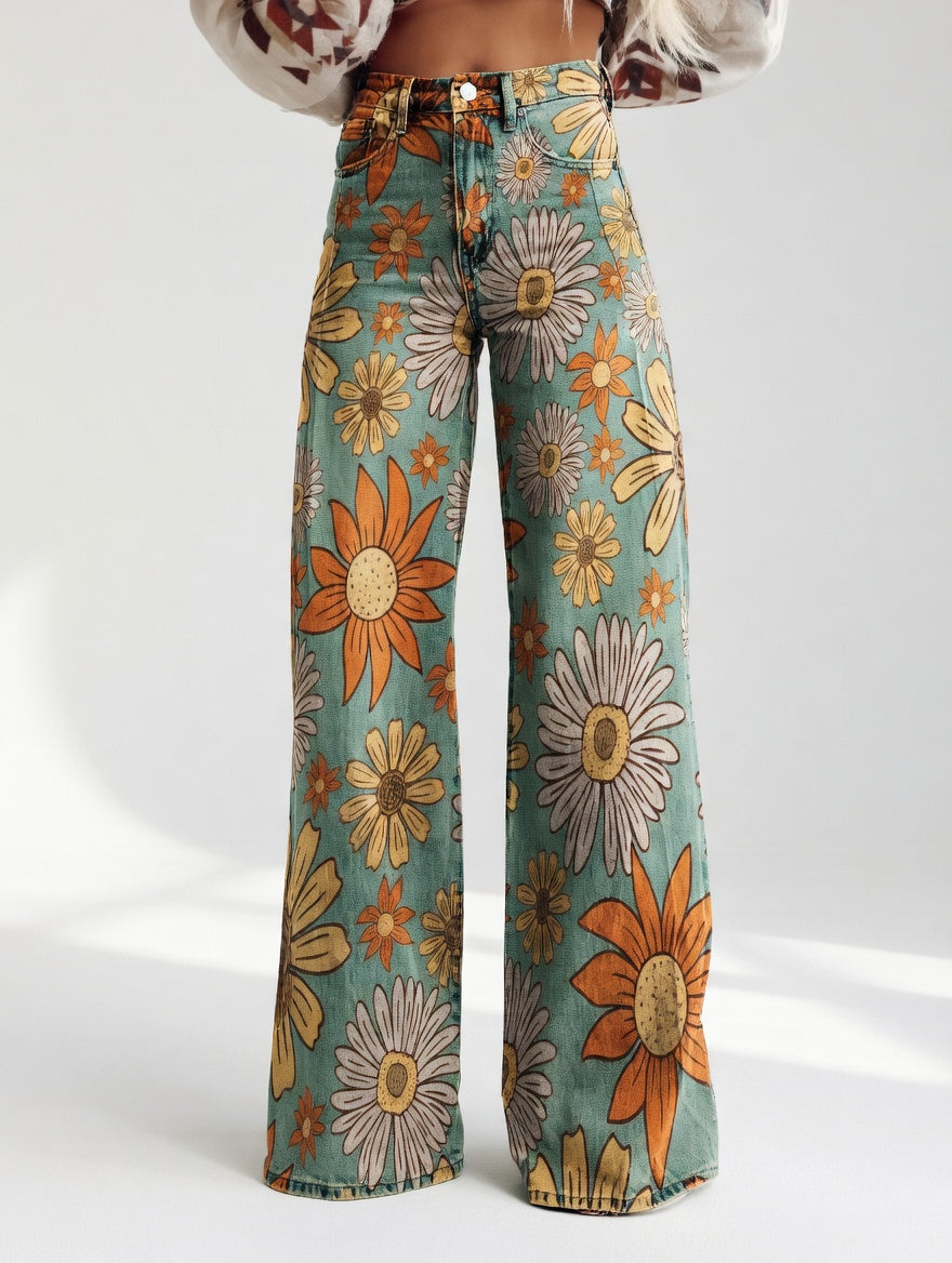 Florivane™ — Elegante retro bloemenbroek met wijde pijpen
