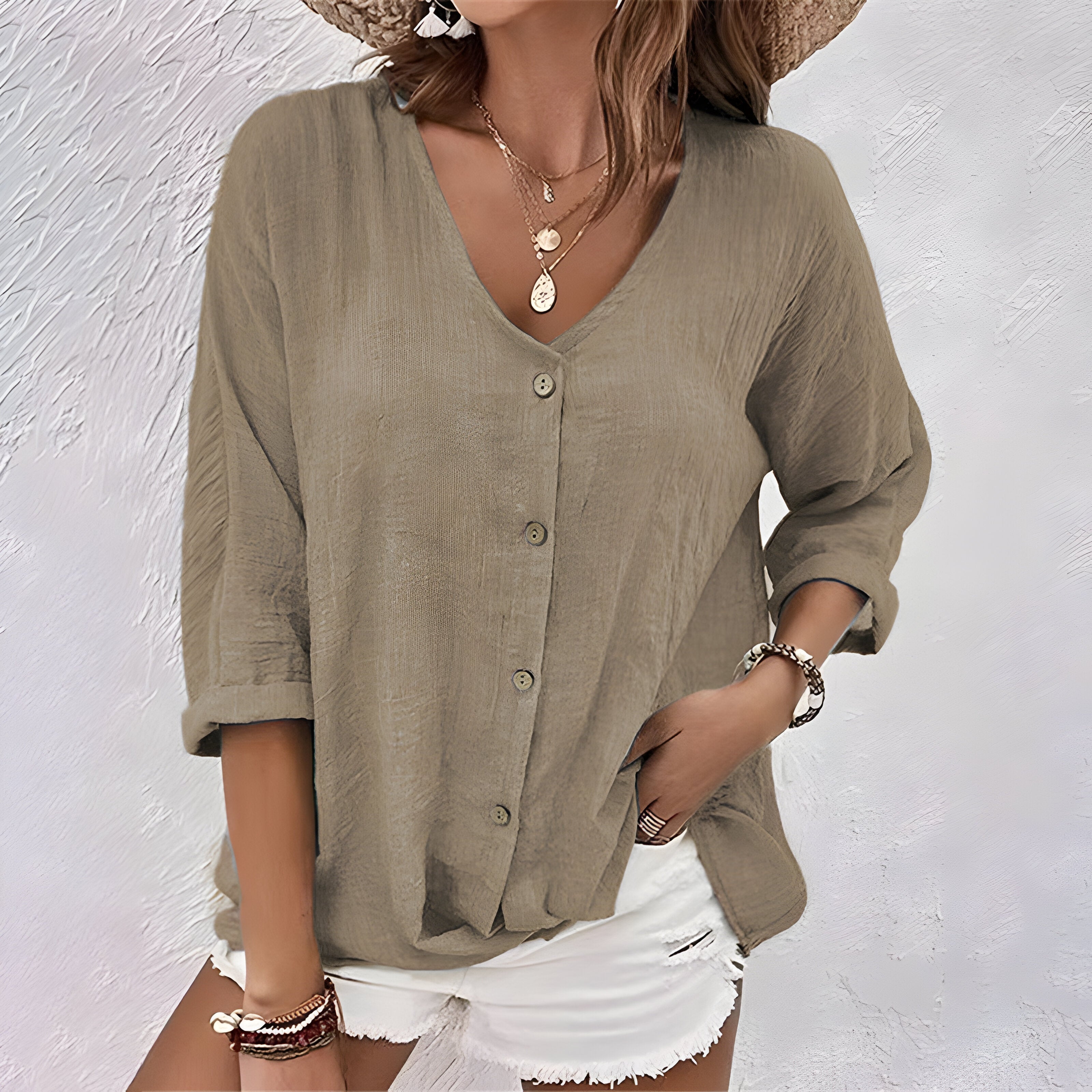 Katoenen Linnen Knopdown V-Hals Rolmouw Casual Blouse