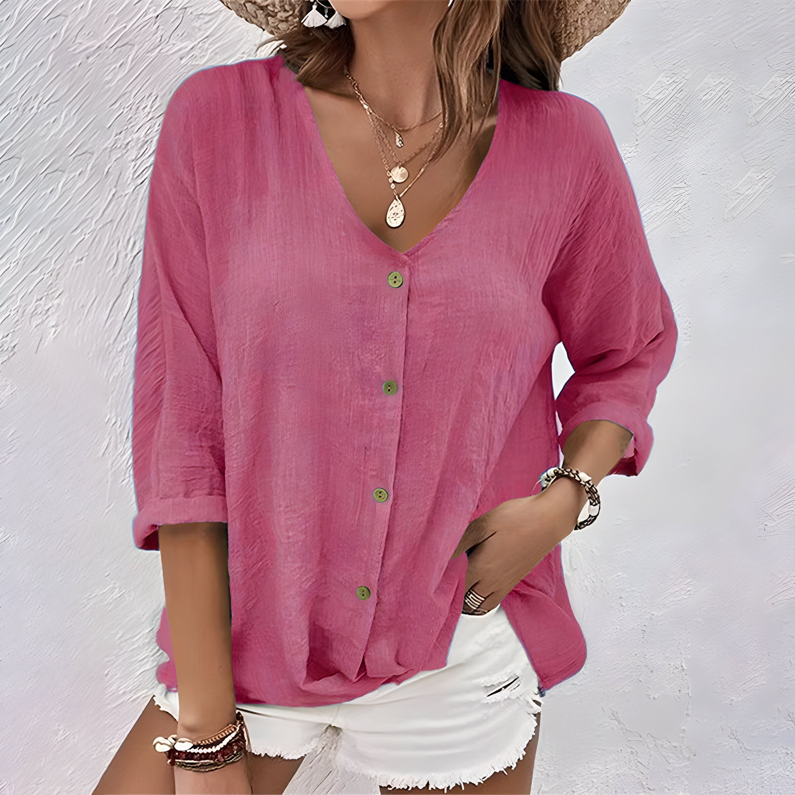 Katoenen Linnen Knopdown V-Hals Rolmouw Casual Blouse