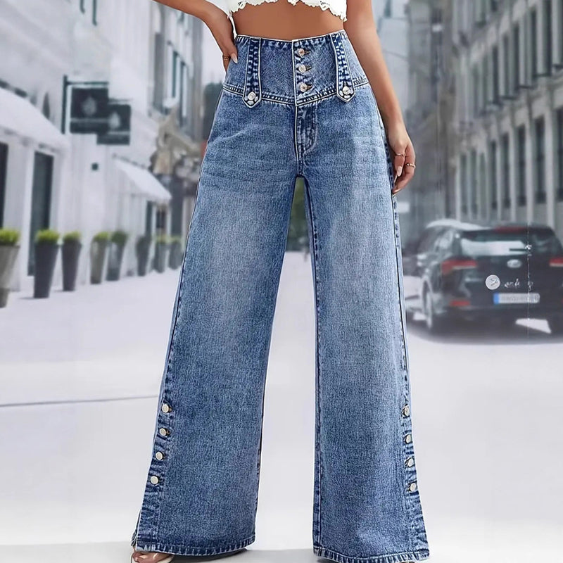 Lorna™ | Jeans met hoge taille en wijde pijpen met splitten – Chique silhouet & bestseller